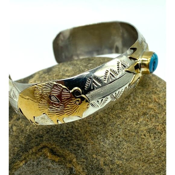 Sterling Turquoise 12k gold Buffalo Bangle Genevieve Jones Native American Made‎ - Picture 3 of 9